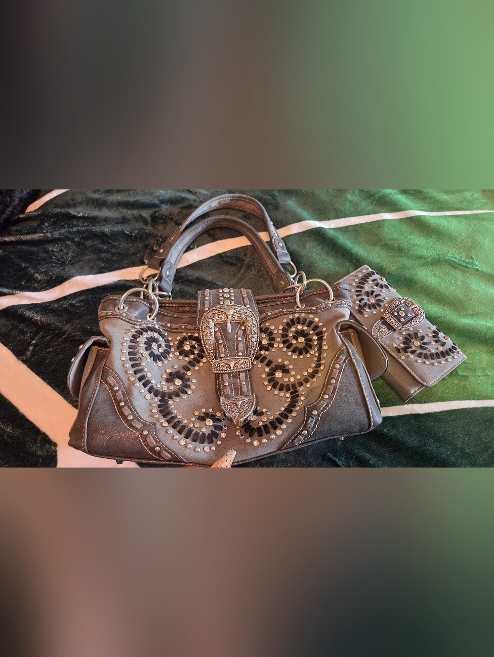 Studded Buckle Detail Gray Women's Satchel